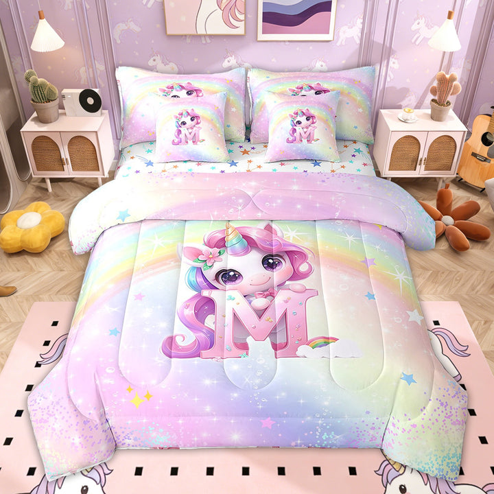 Erosebridal Pink Unicorn Bedding Twin Size for Kids Girls, Princess Flower Letter M Bedding Sets Twin Size, Colorful Stars Reversible 7pcs