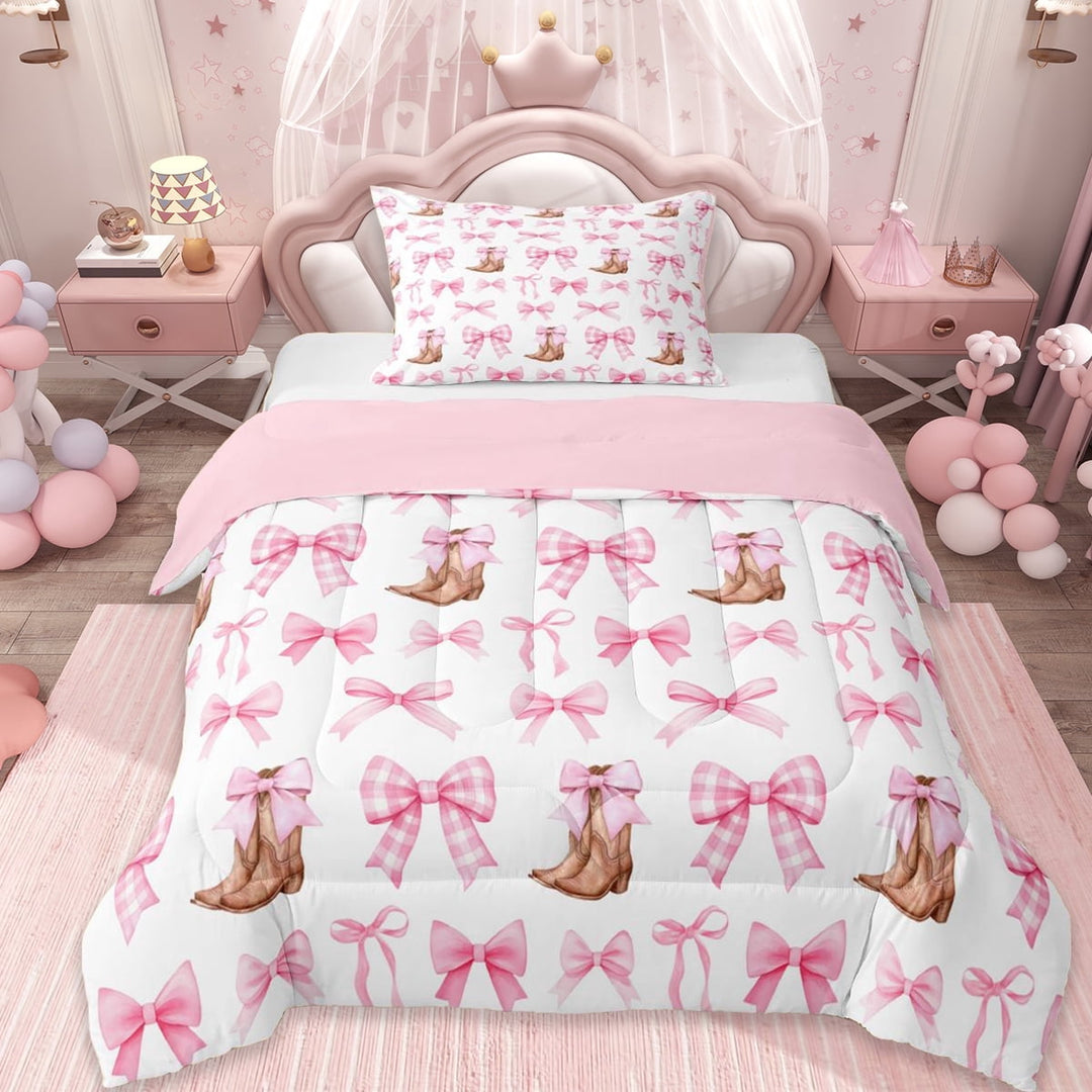 Erosebridal Western Cowgirl Boots Twin Comforter Sets,Pink Cute Bow Tie Bedding Set For Bowknot Lovers, Reversible 2pcs