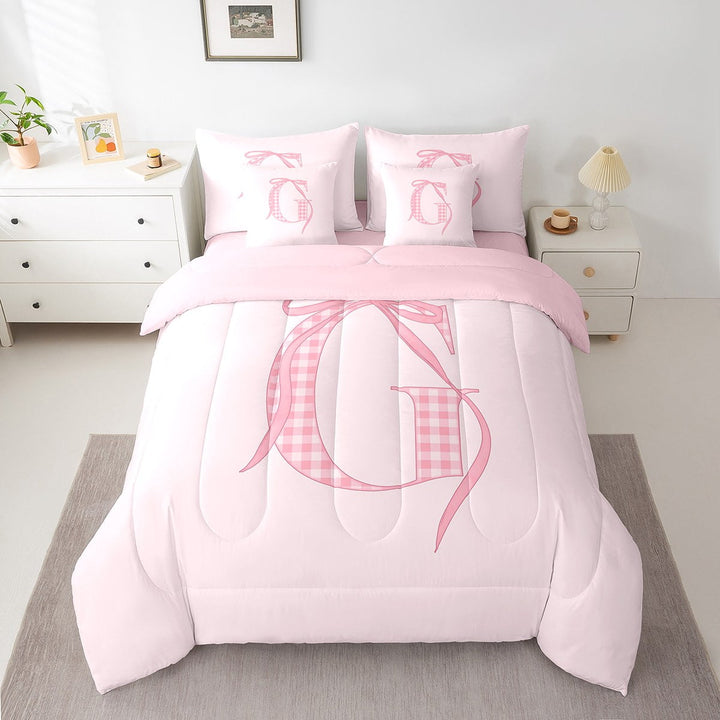 Erosebridal Girly Pink Bow-tie Bedding Twin Size, Initial A to Z Bed in a Bag Twin size, Initial G Decor, Reversible 7pcs
