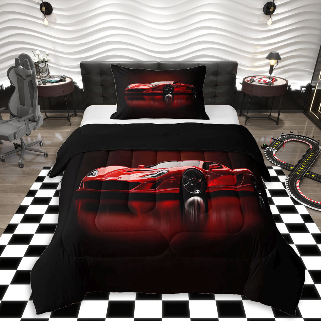 Erosebridal Red Fast Car Twin Comforter Sets 3-Piece For Kids Boys,Car Theme Bedding Set For Teens,Black Reversible,Microfiber Bedroom Decor