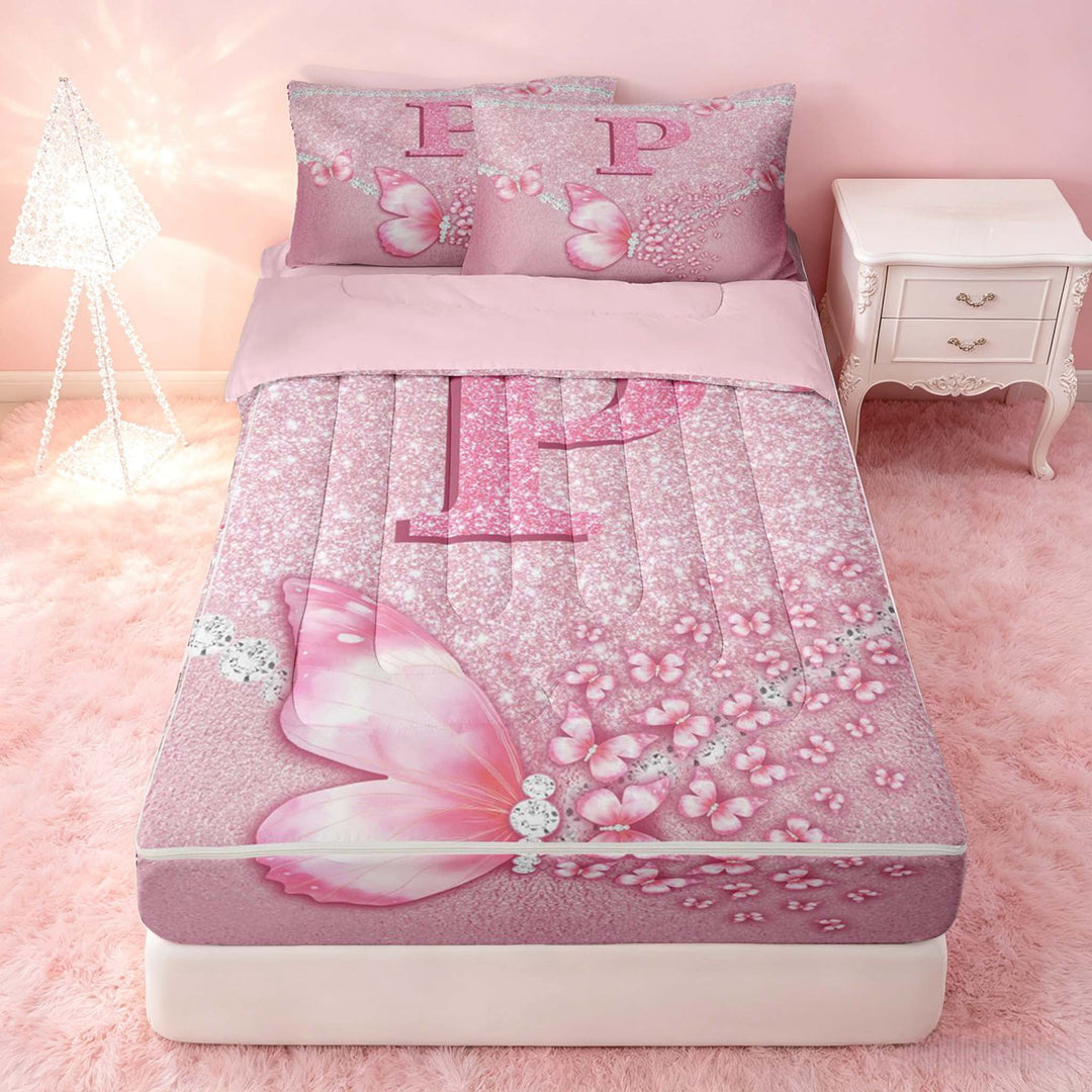 meiyoeat Pink Glitter Butterfly Monogrammed P Zipper Full Size Comforter Sets with Fitted Sheet and 2 Pillowcases for Girls, Sparkle Floral Initial Letter Zipper Bedding Set, Pink Reversible