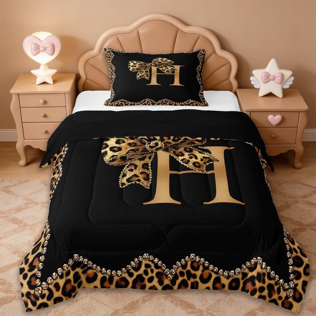 Erosebridal Fashion Letter H Monogrammed Twin Comforter Sets For Cheetah Lover,Brown Leopard Print Cute BowknotBedding Set For Girls Women,Reversible black,2-Piece