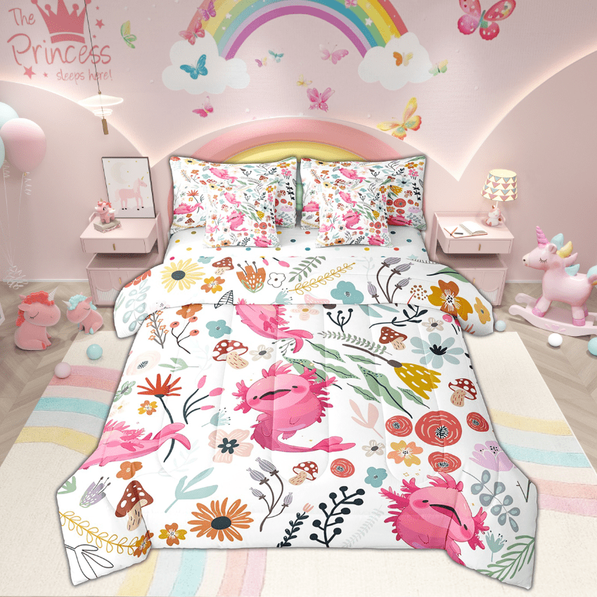 Cute Axolotl Comforter Set 7 Piece Bed in a Bag Twin,Mushroom Floral Cartoon Animal Bedding Sets Watercolor Flowers Leaves Sheet Set with Comforter
