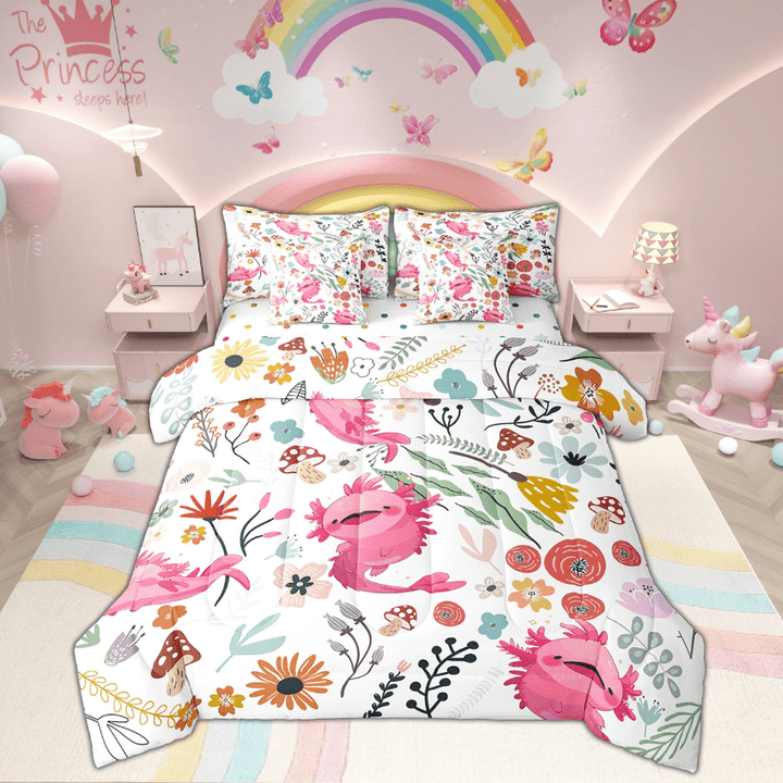 Cute Axolotl Comforter Set 7 Piece Bed in a Bag Twin,Mushroom Floral Cartoon Animal Bedding Sets Watercolor Flowers Leaves Sheet Set with Comforter