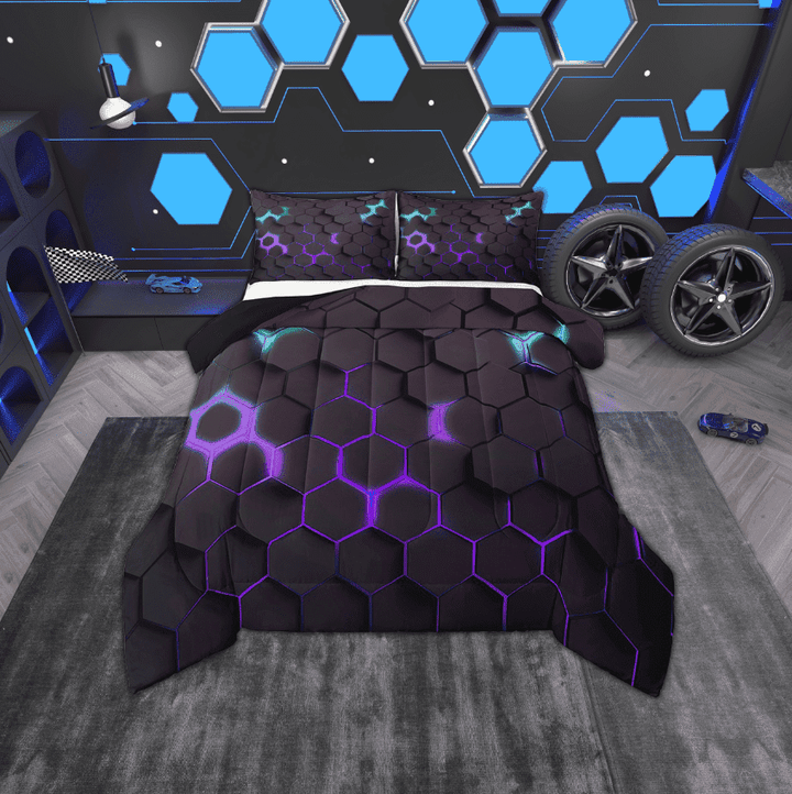 Erosebridal Geometric Honeycomb Bedding Twin Comforter Set, Gradient Purple Blue Hexagon Down Comforter, Reversible 2-Piece