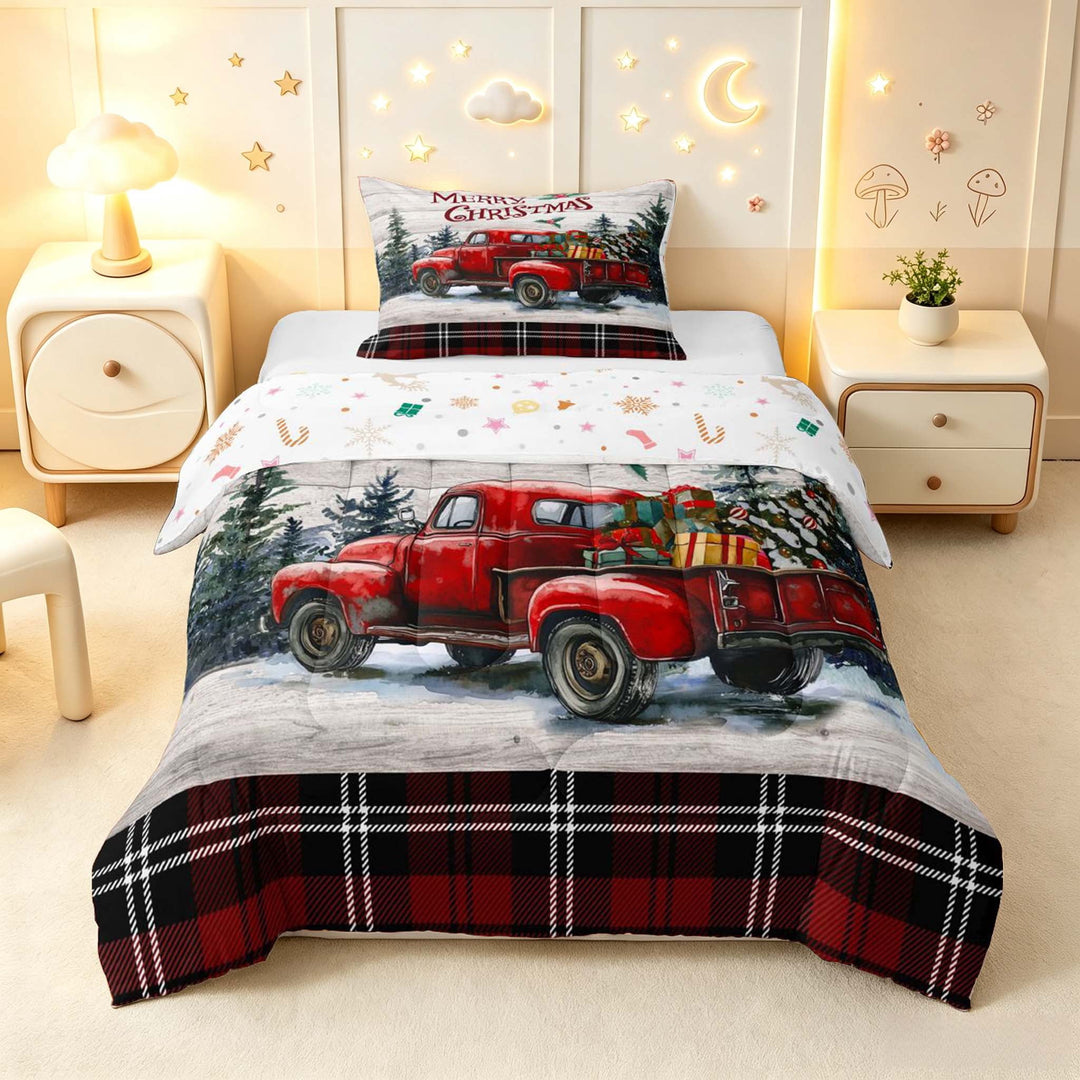 Manfei Retro Red Truck Twin Comforter Sets,Woodland Christmas Tree Bedding Set,Brown Red,Christmas Reversible,2 Pieces,1 Comforter and 1 Pillowcase