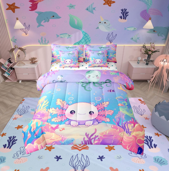 Erosebridal Kawaii Axolotl Bed in a Bag Twin size, Blue Pink Bed Set, Ocean Coral Reversible Bedding Twin Size, Breathable Room Decor, 7 Pieces