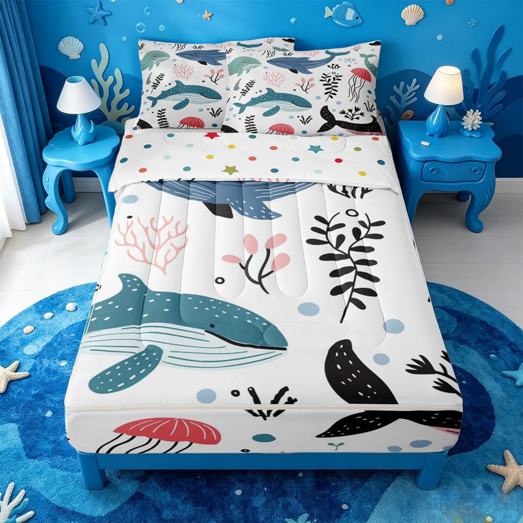 meiyoeat Whale Jellyfish Ocean Pattern Zipper Full Size Comforter Sets with Fitted Sheet and 2 Pillowcases,Sea Animal Print Zipper Bedding Set For Girl,Reversible,4-Piece