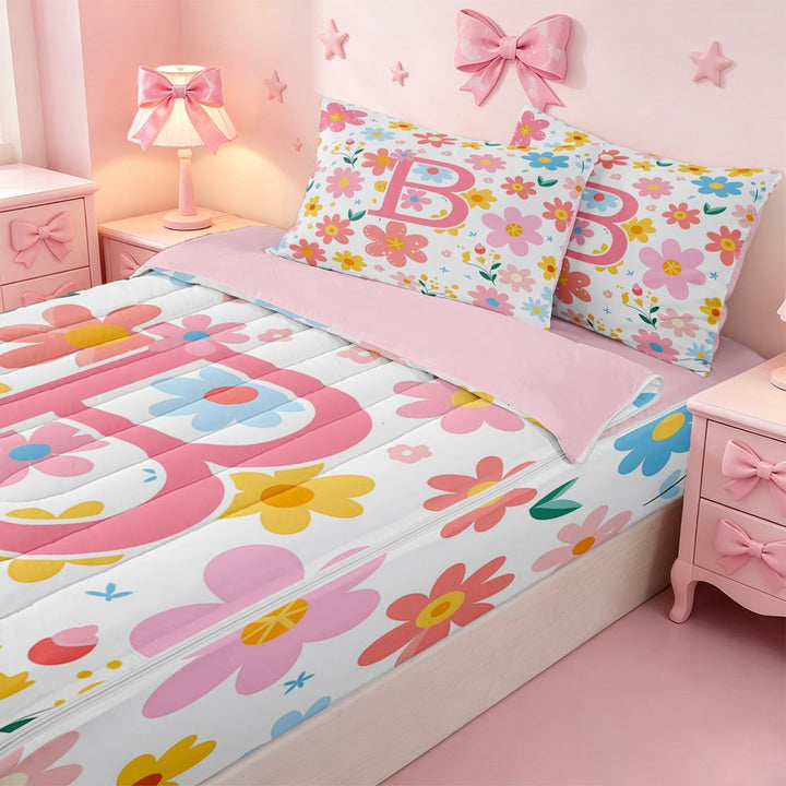meiyoeat Colorful Cute Floral Print Zipper Twin Comforter Sets with Fitted Sheet and 2 Pillowcases For Kids,Pink Initial B Alphabet Design Zipper Bedding Set For Girls,pink Reversible,4-Piece