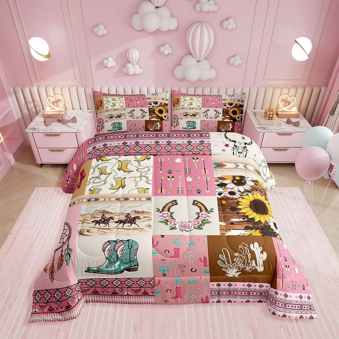 Western Bedding Queen Size Cowgirl Floral Horseshoe Boots Comforter Set, Sunflower Dreamcatcher Decor Bedding Sets Boho Stripes Arrow Geometry Diamond Pink Room Decor