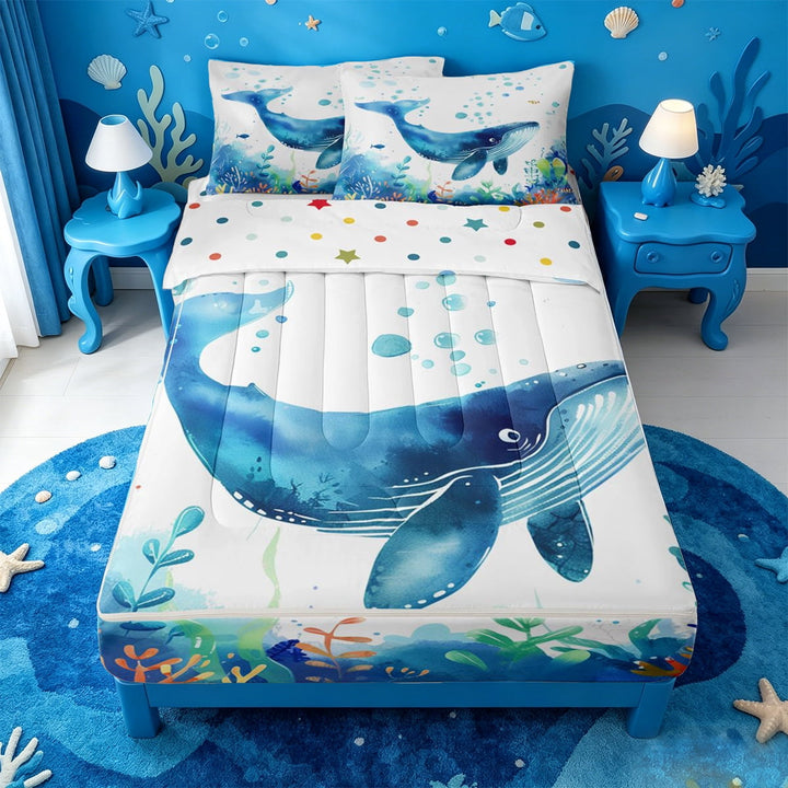 meiyoeat Watercolor Whale Ocean Zipper Full Size Comforter Sets with Fitted Sheet and 2 Pillowcases,Sea Print Zipper Bedding Set For Girl,Reversible,4 Pieces