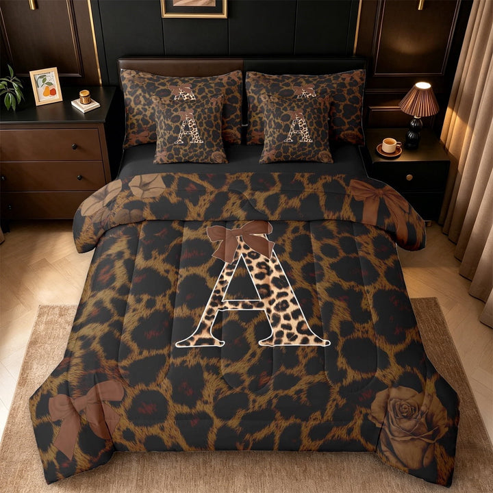Erosebridal Leopard Print 7-Piece Twin Bedding Sets,Cheetah Pattern A Alphabet Bedding Comforter Set For Kids Girls,Black Reversible