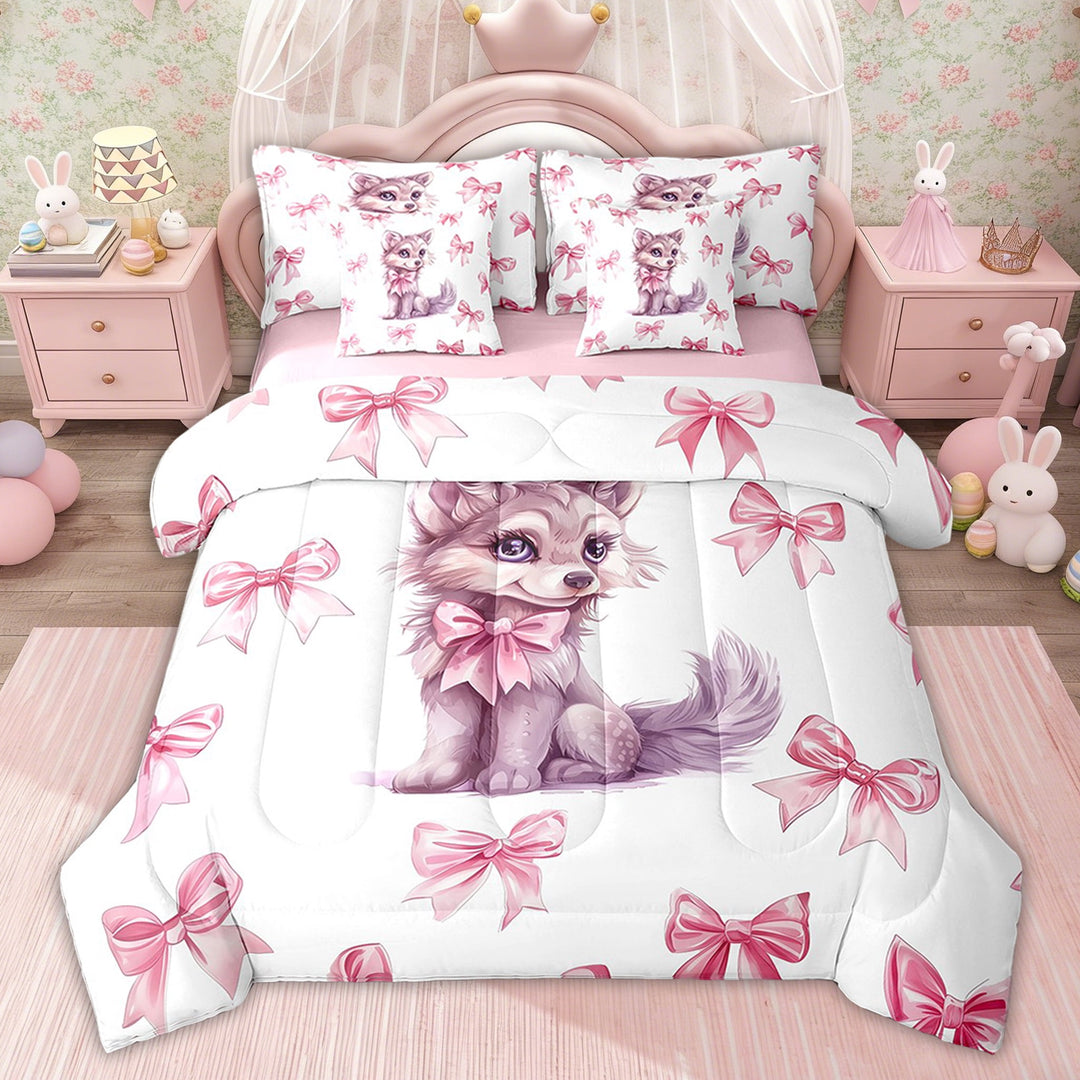 Erosebridal Girly Princess Bowknot Bedding Sets Twin with Comforter for Kids, Kawaii Wolf Bedding Set, Cartoon Pet Decor, Pink Reversible 7pcs