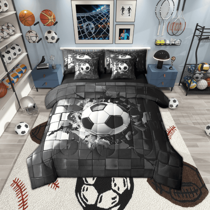 Erosebridal Black Soccer Bedding Sets Twin Size,Geometric Plaid Comforter Sets with Sheets,Sport Gamer Bed in a Bag Twin size,Microfiber Buffalo Room Decor,Reversible,7-Piece