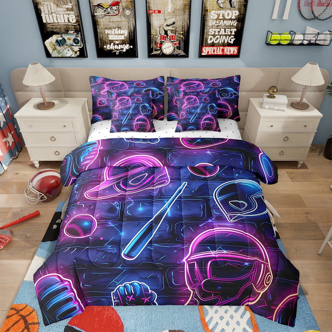 Baseball Bat 7 Piece Comforter Set Full Bed in a Bag,Baseball Cap Bedding Sets European Sports Ball Softball Competitive Game Sheet Set with Comforter,Purple Teal Neon Design Room Decor