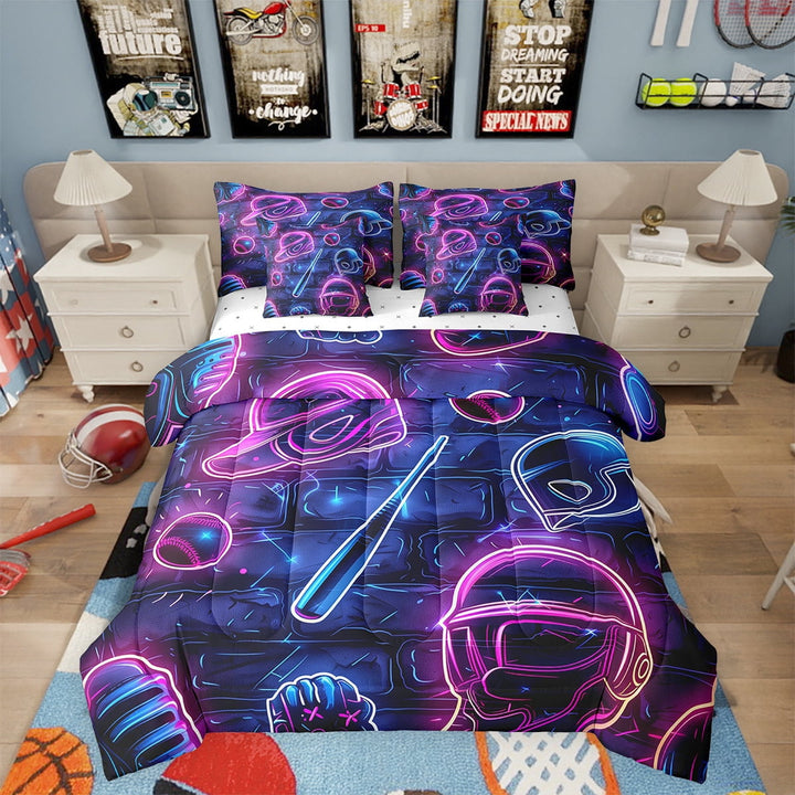 Baseball Bat 7 Piece Comforter Set Full Bed in a Bag,Baseball Cap Bedding Sets European Sports Ball Softball Competitive Game Sheet Set with Comforter,Purple Teal Neon Design Room Decor