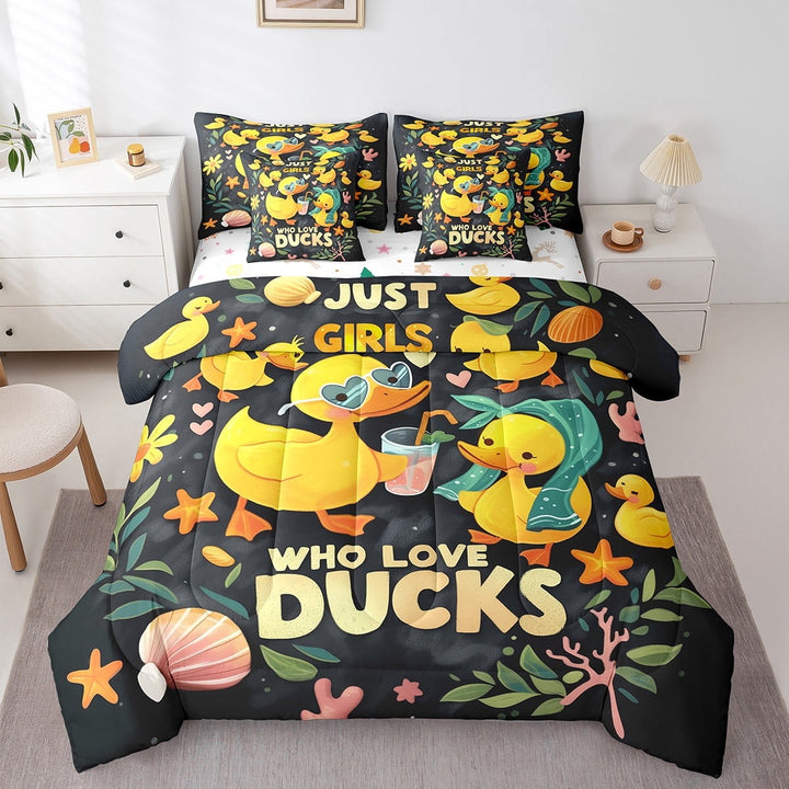 7 Piece Cute Yellow Duck Twin Bedding Set,Funny Animal Duck Bed in a Bag Pet Lover Gifts,Green Leaf Floral Comforter Set with Fitted Sheet,Flat Sheet,Pillowcases