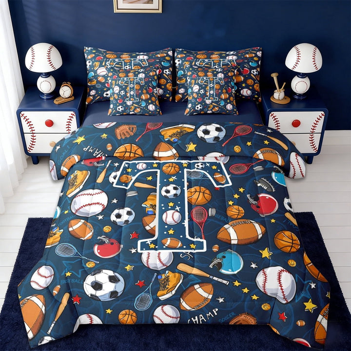 Erosebridal Letter T Monogrammed 7 Pieces Bedding Comforter Set For Ball Lover,Kids Colorful Cute Stars Print Full Bedding Set,Reversible navy blue