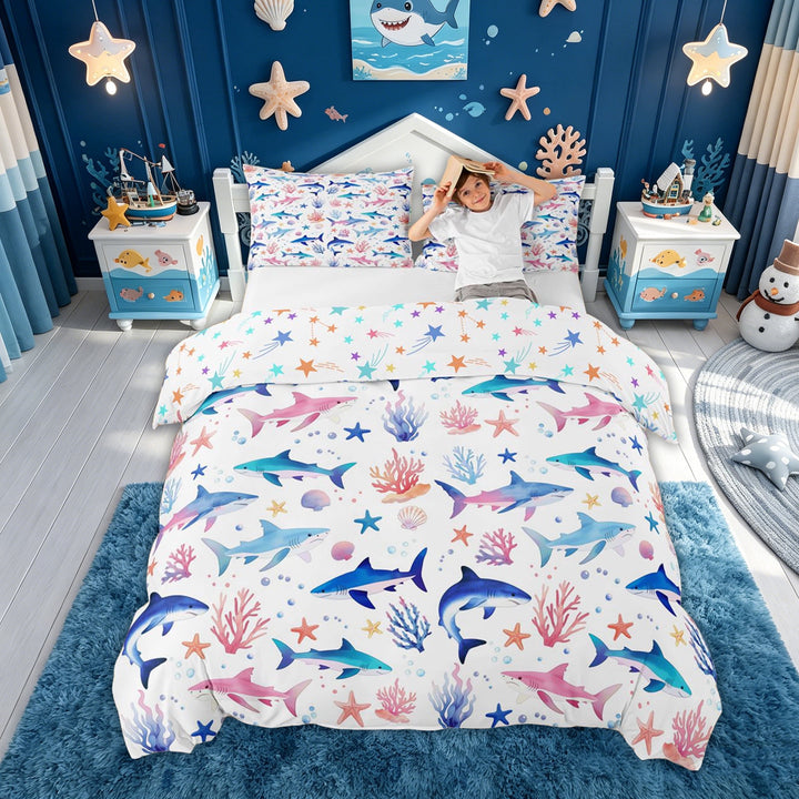 meiyoeat Watercolor Shark Bedding for Kids Girls, Coral Starfish Duvet Cover Full for Bedroom, Multicolor, Colorful Star Reversible, 3 Pieces