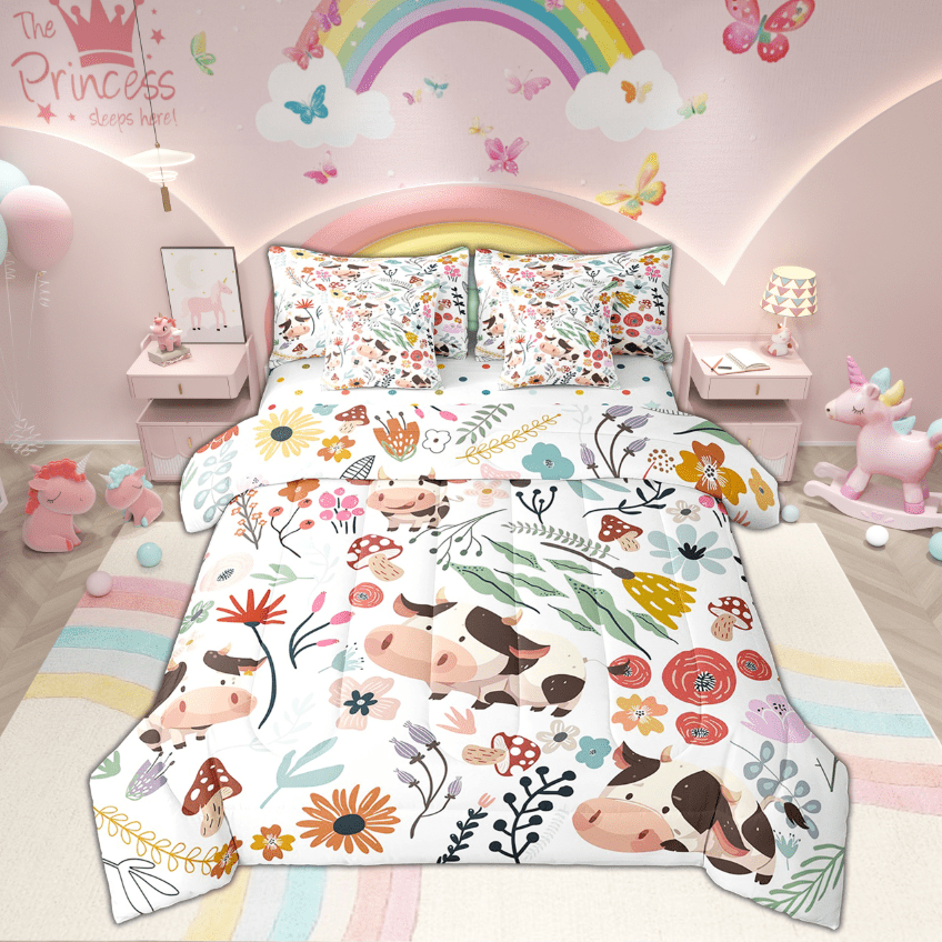 Cute Milk Cow Comforter Set 7 Piece Bed in a Bag Twin,Mushroom Floral Cartoon Animal Bedding Sets Watercolor Flowers Leaves Sheet Set with Comforter