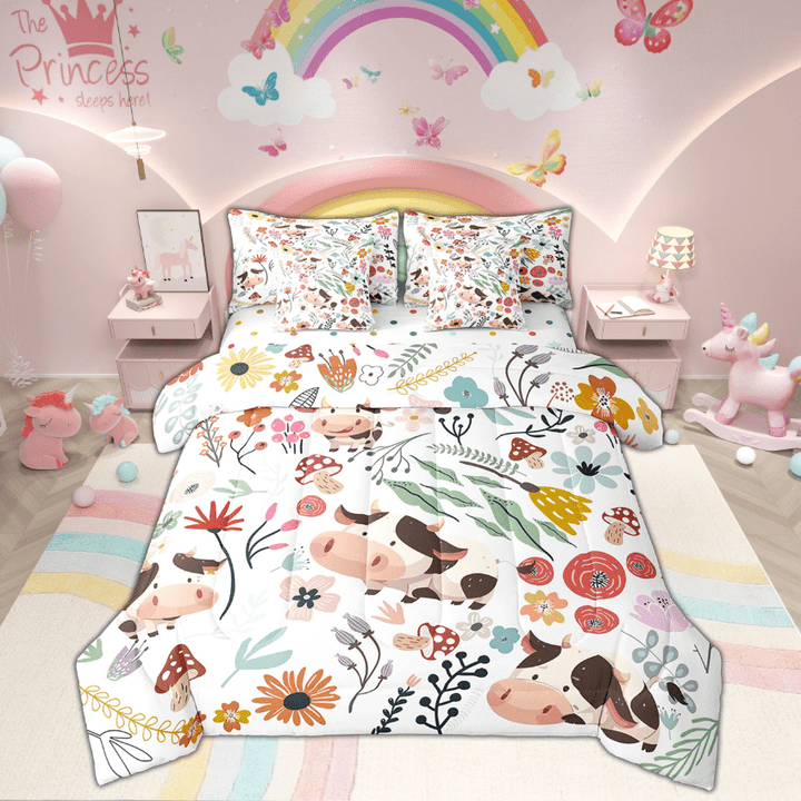 Cute Milk Cow Comforter Set 7 Piece Bed in a Bag Twin,Mushroom Floral Cartoon Animal Bedding Sets Watercolor Flowers Leaves Sheet Set with Comforter