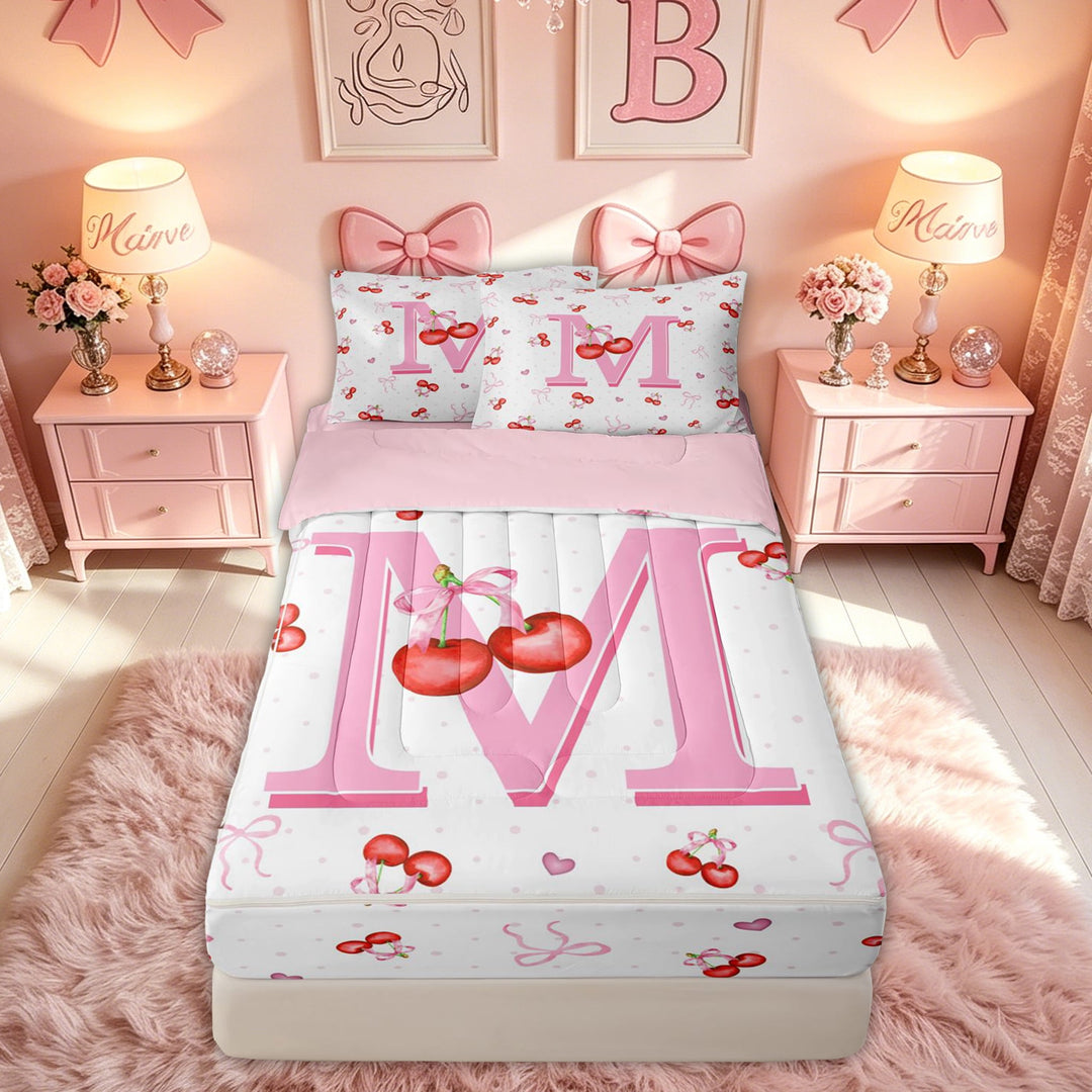 meiyoeat Cherry Letter M Zipper Full Size Comforter Sets with Fitted Sheet and 2 Pillowcases for Girls, Fruit Bow Zipper Bedding Set, Pink, Pink Reversible, 4 Pieces