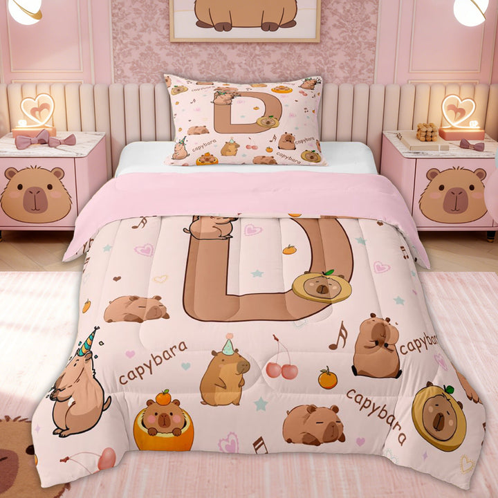 Erosebridal Monogrammed D Kids Twin Comforter Sets, Capybara Aniaml Bedding Set, 2 Pieces, Pink Reversible