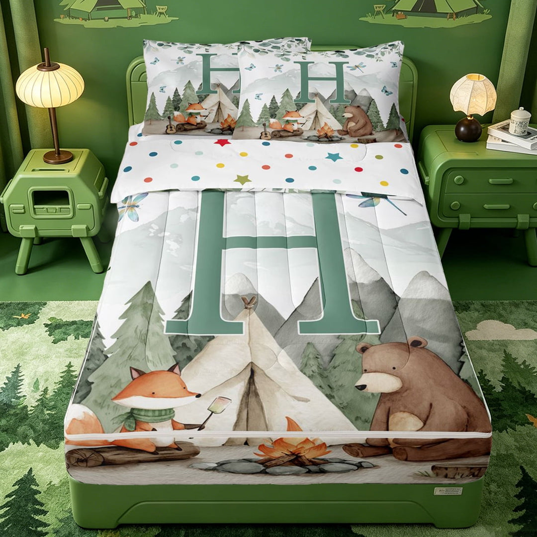 meiyoeat Happy Camping Letter Print Zipper Full Size Comforter Sets with Fitted Sheet and 2 Pillowcases For Boys,Travel Adventure Camper Zipper Bedding Set,Polkadot Reversible,4 Pieces