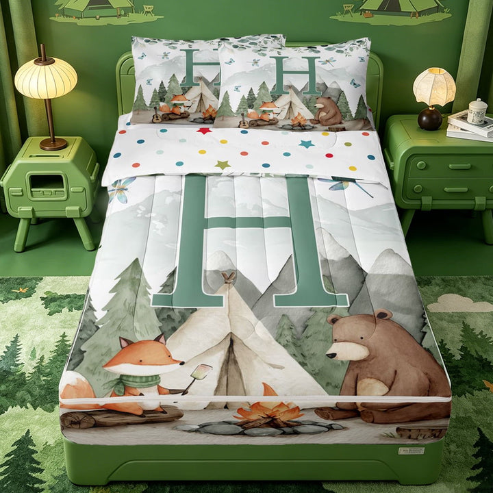 meiyoeat Happy Camping Letter Print Zipper Full Size Comforter Sets with Fitted Sheet and 2 Pillowcases For Boys,Travel Adventure Camper Zipper Bedding Set,Polkadot Reversible,4 Pieces