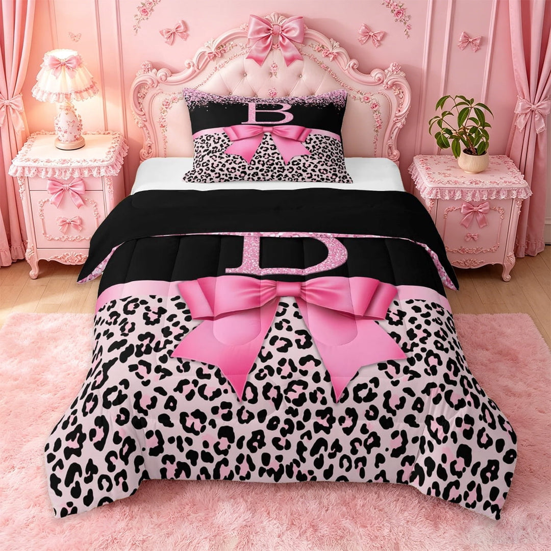 Erosebridal Letter B Initial Twin Comforter Sets,Pink Cheetah Print Kids Bedding Set For Leopard Lovers,Black Reversible,2pcs