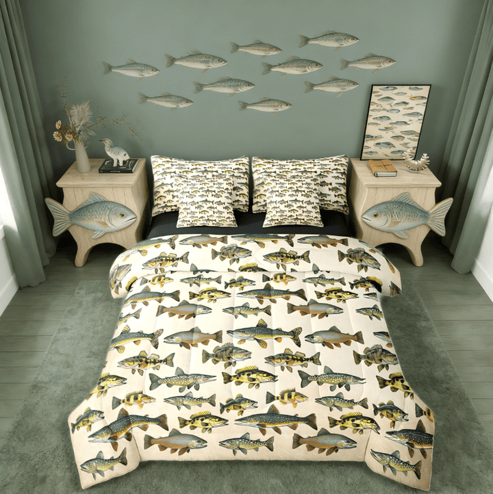 Manfei Pike Fish 7 Pieces Bedding Comforter Set,Vintage Fishing Fishing And Hunting Full Bedding Set Retro Base Fish Reversible