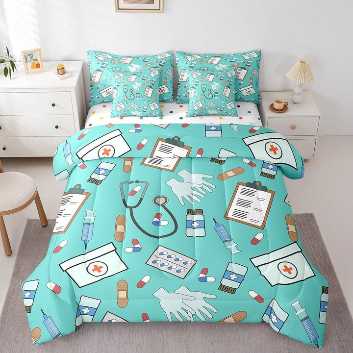 Doctor Nurse Gift Comforter Set for Room Decor,Gifts Idea for Dentists Doctors Bedding Set Full Size 7 Pcs,Fashion Mint Green Bed in a Bag with Comforter, Sheets, Pillowcases &amp; Cushion Cover