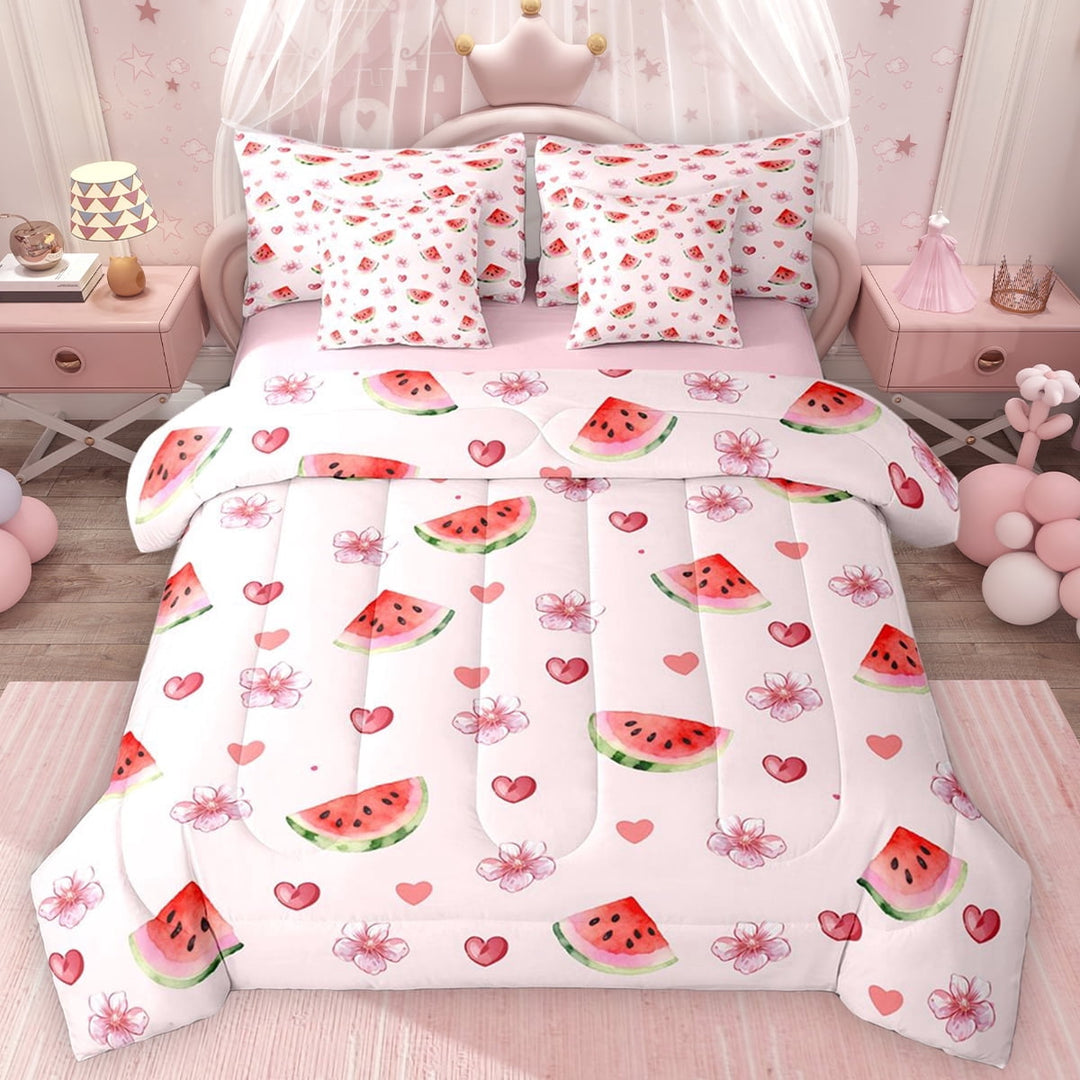 Erosebridal Chic Cherry Blossoms Twin Bedding Sets for Girls, Watermelon Print Bedding Comforter Set, Pink Reversible, 7pcs