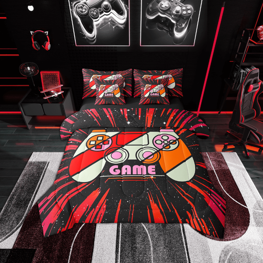 Erosebridal Red Gamepads Bedding Sets Twin Size,Geometric Lines Comforter Sets with Sheets,Video Game Bed in a Bag Twin size,Super Cozy Gamer Room Decoration,Reversible,7-Piece