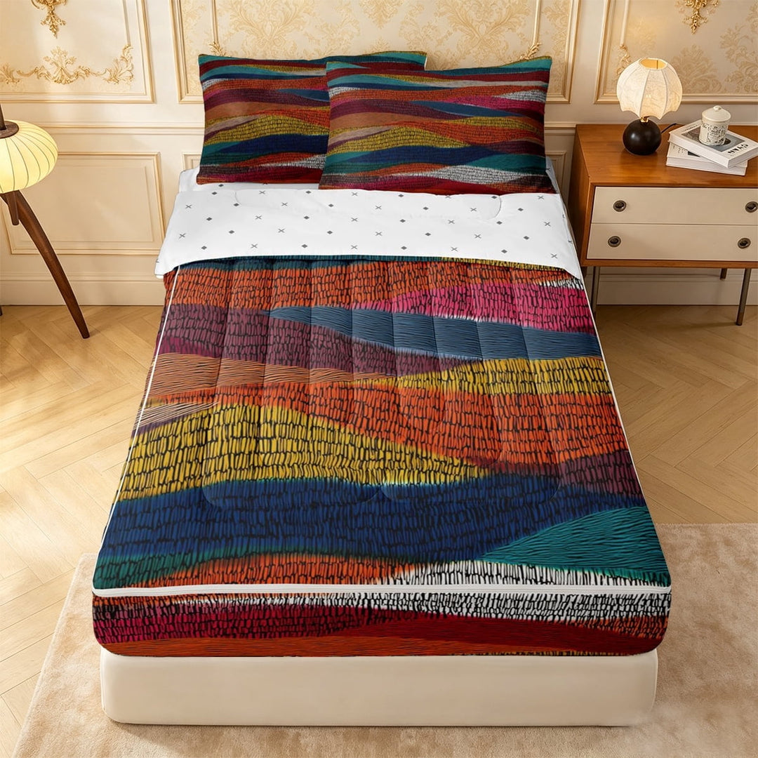 meiyoeat Vibrant Abstract Zipper Full Size Comforter Sets with Fitted Sheet and 2 Pillowcases For Men Women,Colorful Striped Zipper Bedding Set,Multicolor,Reversible,4-Piece