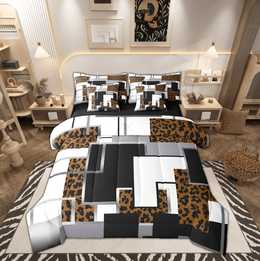YST Brown Leopard Print Bedding Set Safari Cheetah Bed In A Bag King,Black Grey Geometric Grids Comforter Set With Sheets 7 Piece Abstract Wildlife Animal Skin Buffalo Check Bed Set
