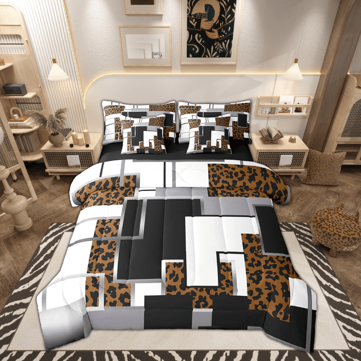 YST Brown Leopard Print Bedding Set Safari Cheetah Bed In A Bag King,Black Grey Geometric Grids Comforter Set With Sheets 7 Piece Abstract Wildlife Animal Skin Buffalo Check Bed Set