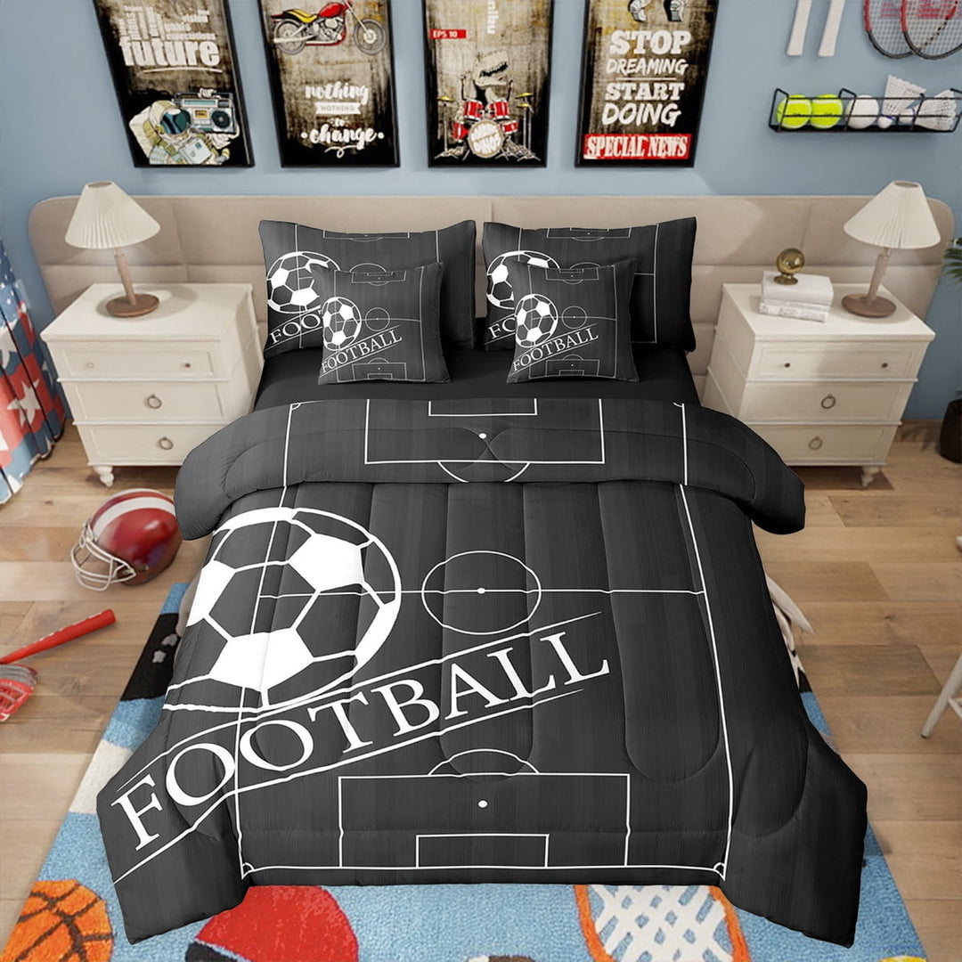 Football Bedding Comforter Sets 7pcs Sport Full Bedding Sets, Black Reversible Bed in a Bag Black and White Comforter Set, Ball Gaming Bed Set, Breathable