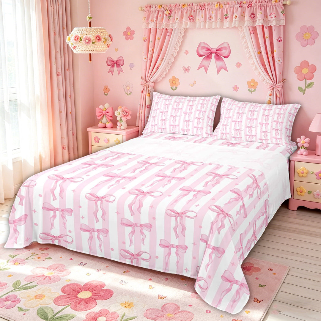 Meiyoeat Girly Stripe Princess Bow Full Size Sheets for Girls Females, Watercolor Polka Dot Bed Sheets, Pink White, 4pcs
