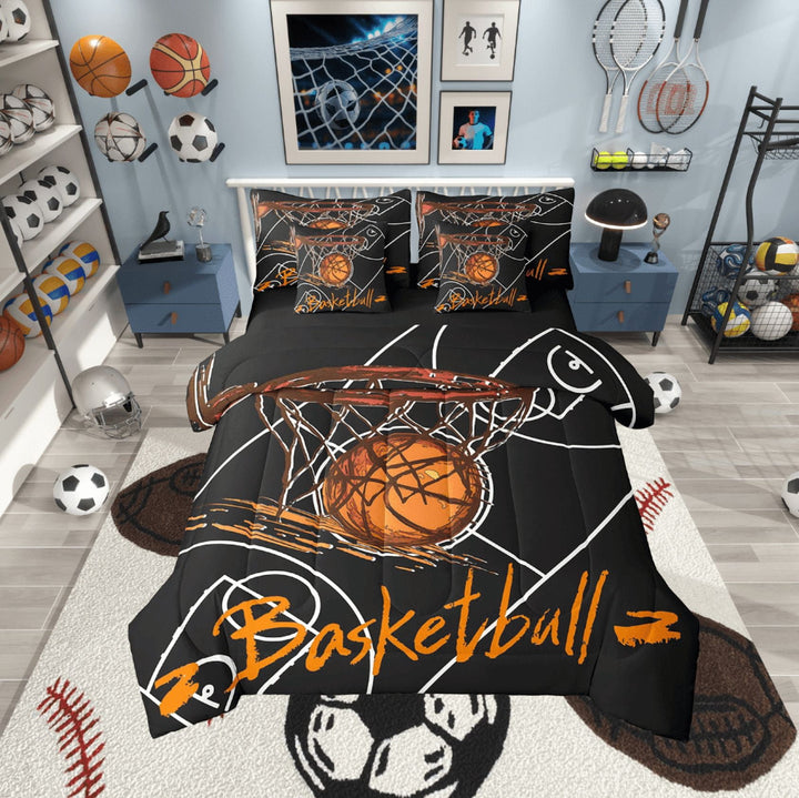 Manfei Basket Player Bedding Sets Twin Size,Sport Sports Comforter Sets with Sheets,Balck Orange Bed in a Bag Twin Size For Boy,Microfiber Room Decor Reversible,7-Piece