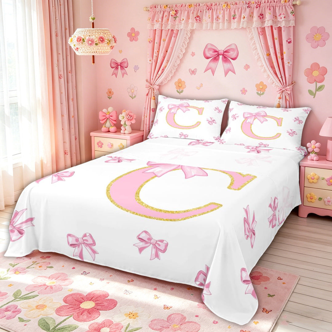 Meiyoeat Cute Bowknot C Letter Full Size Sheets for Girls Women, Cartoon Fashion Alphabet Bed Sheets, Pink, 4-Piece