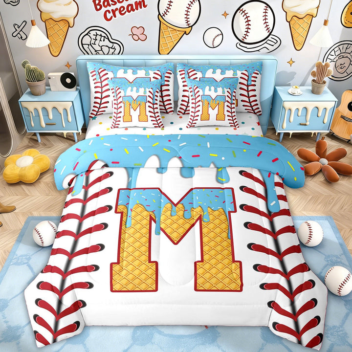 Erosebridal Initial M Letter Kid Twin Bedding Sets, Cute Ice Cream Baseball Bedding Comforter Set, 7pcs