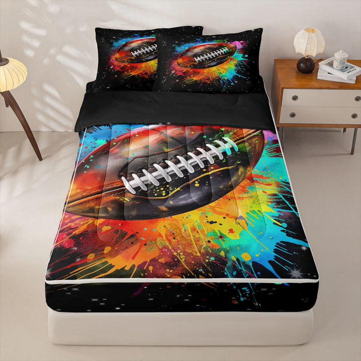 meiyoeat Rainbow Football Zipper Full Size Comforter Sets with Fitted Sheet and 2 Pillowcases for Kids Boys, Watercolor Graffiti Art Zipper Bedding Set for Bedroom, Black, Black ReversibleB