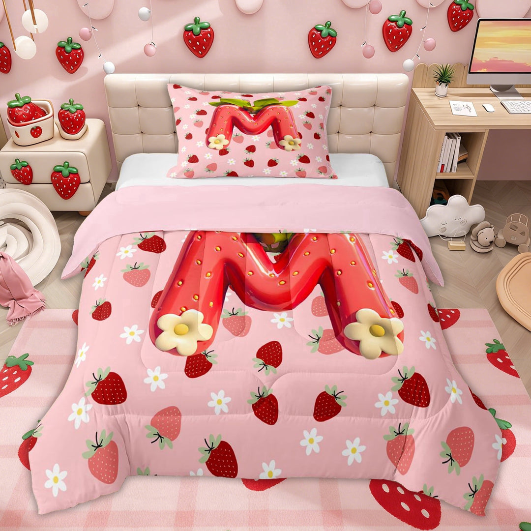 Erosebridal Girls Pink Red Strawberry Twin Comforter Sets for Kids, Flower Initial Letter M Bedding Set, Pink Reversible, 2pcs