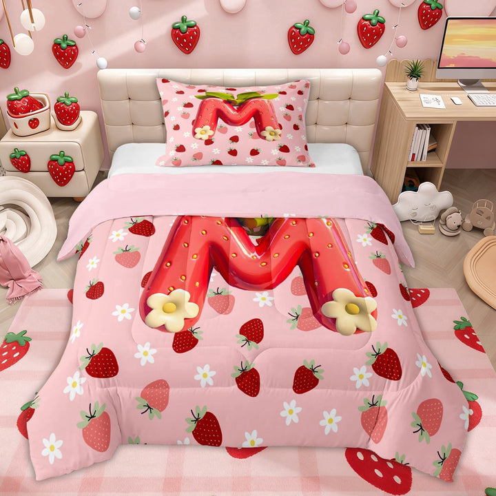 Erosebridal Girls Pink Red Strawberry Twin Comforter Sets for Kids, Flower Initial Letter M Bedding Set, Pink Reversible, 2pcs