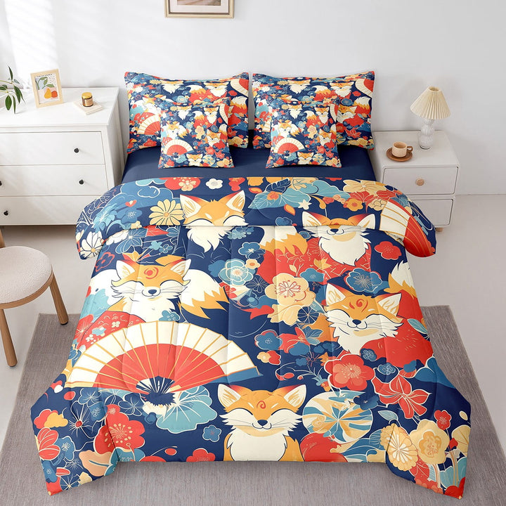 Japanese Style 7 Pcs Comforter Set Twin Size,Cute Fox Bedding,Japanese Geisha Flowers Sheet Set Bed In A Bag Vintage Abstract Wildlife Botanical Bed Set