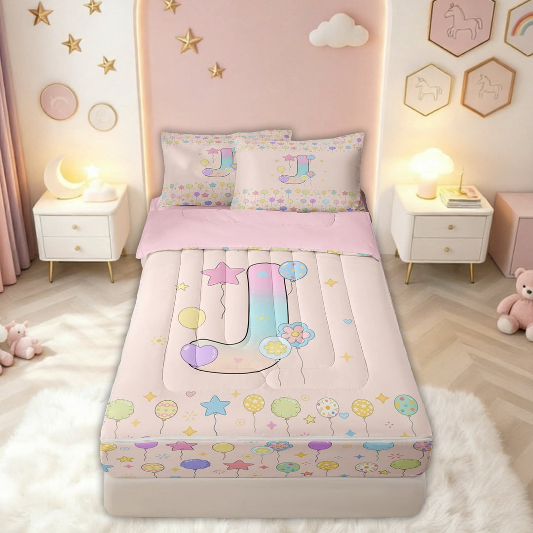 meiyoeat Pastel Balloon Letter J Print Zipper Comforter Set with Fitted Sheet and 2 Pillowcases for Boys Girls, Birthday Party Zipper Bedding Set, Pink Reversible, 3-Piece