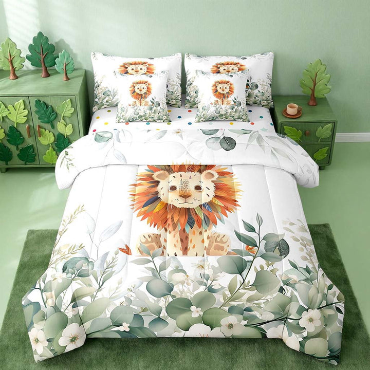 7-Piece Cartoon Animal Bedding Twin Kawaii Lion Comforter Set, Safari Animal Bedding Comforter Sets Jungle Wildlife Bed in a Bag, Botanical Green Eucalyptus Bedding Accessories