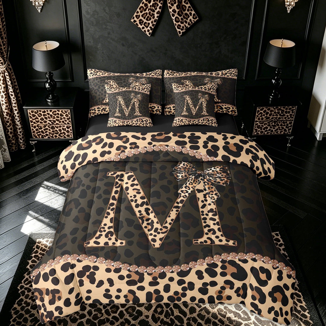 meiyoeat Leopard Print Monogrammed M Full Size Bedding Sets for Kids Girls, Brown Black Bow Diamond Full Size Bed in a Bag, Black Reversible, 7-Piece