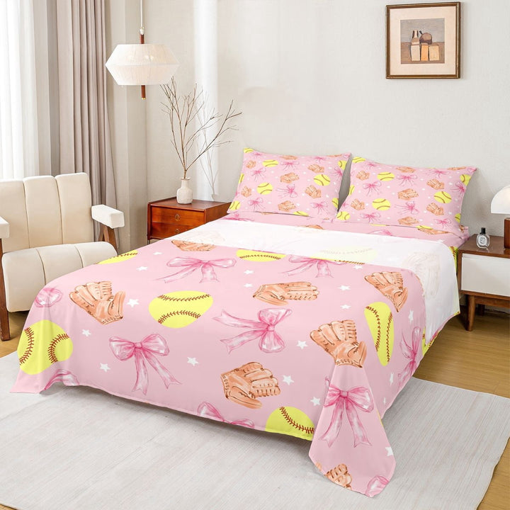 Erosebridal Softball Sports Kids Queen Sheet Sets, Pink Watercolor Bow Bed Set, 4 Pieces
